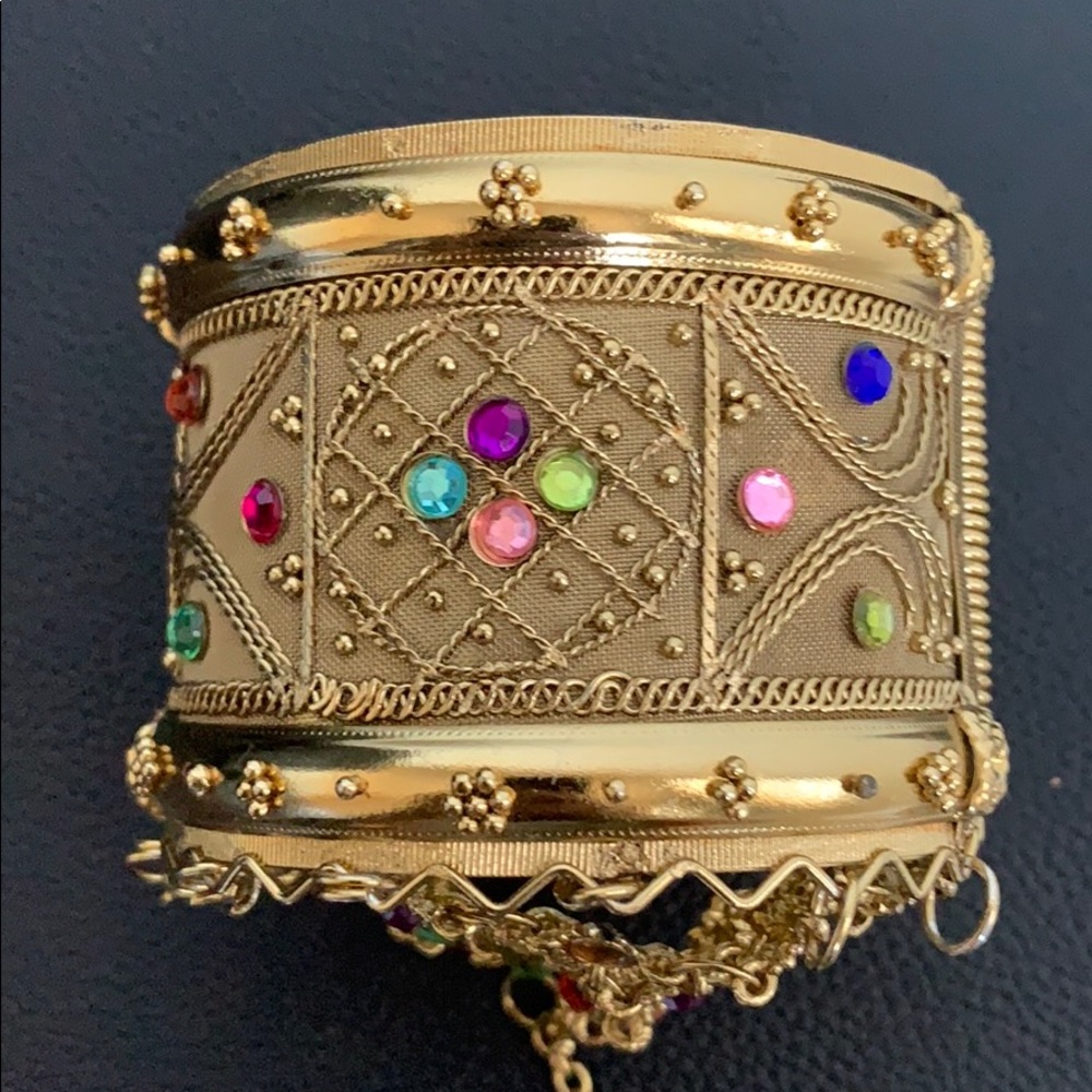 Antique Gold Multicolored Cuff Bracelet with Ring - Picture 2 of 8